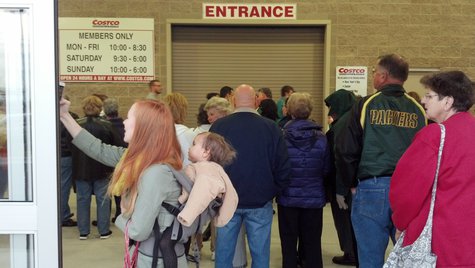 Shoppers wait anxiously in line before the grand opening of Costco in Bellevue on October 17, 2013. (Photo by: WTAQ Reporter Jeff Flynt). Shoppers wait anxiously in line before the grand opening of Costco in Bellevue on October 17, 2013. (Photo by: WTAQ Reporter Jeff Flynt).
