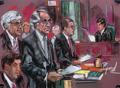 Convicted swindler Bernard Madoff (C) enters his plea of guilty in Manhattan Federal Court in this courtroom drawing March 12, 2009. REUTERS Convicted swindler Bernard Madoff (C) enters his plea of guilty in Manhattan Federal Court in this courtroom drawing March 12, 2009. REUTERS