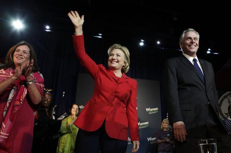 Former U.S. Secretary of State Hillary Clinton waves to the audience at an event to endorse Virginia gubernatorial candidate and former DNC Former U.S. Secretary of State Hillary Clinton waves to the audience at an event to endorse Virginia gubernatorial candidate and former DNC
