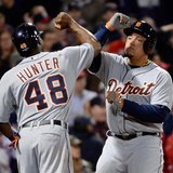 Oct 19, 2013; Boston, MA, USA; Detroit Tigers players Torii Hunter (left) and Prince Fielder celebrate after both scoring runs against the B Oct 19, 2013; Boston, MA, USA; Detroit Tigers players Torii Hunter (left) and Prince Fielder celebrate after both scoring runs against the B