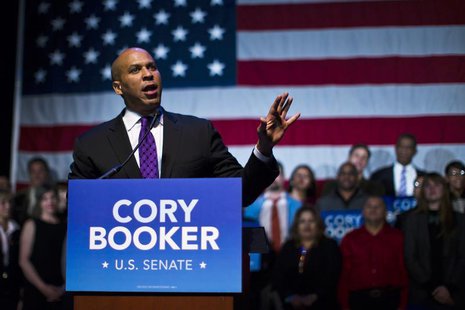 U.S. Senate candidate Cory Booker speaks during his campaign's election night event in Newark, New Jersey, October 16, 2013. REUTERS/Eduardo U.S. Senate candidate Cory Booker speaks during his campaign's election night event in Newark, New Jersey, October 16, 2013. REUTERS/Eduardo