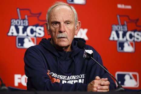 Oct 14, 2013; Detroit, MI, USA; Detroit Tigers manager Jim Leyland (10) talks to the media during practice the day before game three of the Oct 14, 2013; Detroit, MI, USA; Detroit Tigers manager Jim Leyland (10) talks to the media during practice the day before game three of the