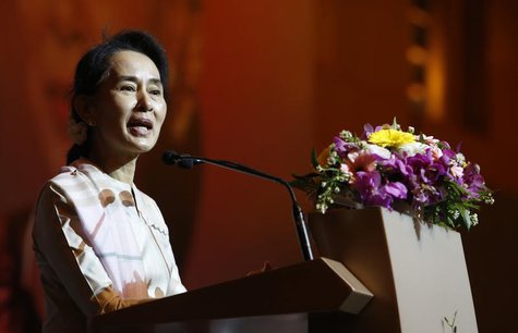 Myanmar's opposition leader Aung San Suu Kyi speaks to the Myanmar community living in Singapore on the island of Sentosa in Singapore Septe Myanmar's opposition leader Aung San Suu Kyi speaks to the Myanmar community living in Singapore on the island of Sentosa in Singapore Septe
