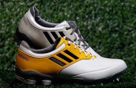 Adidas golf shoes "Adizero" are pictured during the company's annual news conference in Herzogenaurach March 7, 2013. REUTERS/Michael Dalder Adidas golf shoes "Adizero" are pictured during the company's annual news conference in Herzogenaurach March 7, 2013. REUTERS/Michael Dalder