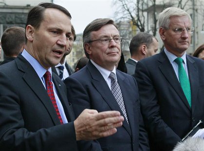 Ukraine's Foreign Minister Leonid Kozhara (C), Poland's Foreign Minister Radoslaw Sikorski (L) and Sweden's Foreign Minister Carl Bildt spea Ukraine's Foreign Minister Leonid Kozhara (C), Poland's Foreign Minister Radoslaw Sikorski (L) and Sweden's Foreign Minister Carl Bildt spea