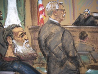 A courtroom sketch shows Nazih al-Ragye (3rd from L) known by the alias Abu Anas al-Liby as he appears with his attorney Bernard Kleinman (C A courtroom sketch shows Nazih al-Ragye (3rd from L) known by the alias Abu Anas al-Liby as he appears with his attorney Bernard Kleinman (C