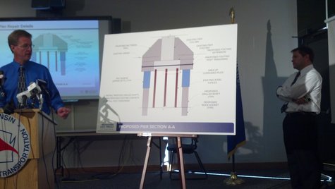 Wisconsin state bridge engineer Mark Becker showing a description of repairs being made to Pier 22 of the Leo Frigo Bridge during a press conference on Oct. 22, 2013. (Photo by: WTAQ Reporter Jeff Flynt). Wisconsin state bridge engineer Mark Becker showing a description of repairs being made to Pier 22 of the Leo Frigo Bridge during a press conference on Oct. 22, 2013. (Photo by: WTAQ Reporter Jeff Flynt).
