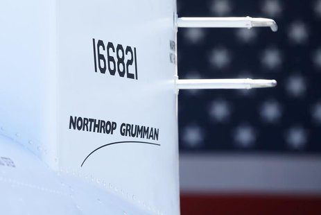 The corporate logo of Northrop Grumman is shown on a Fire Scout MQ-8 B unmanned helicopter during a ceremony at Naval Air Station North Isla The corporate logo of Northrop Grumman is shown on a Fire Scout MQ-8 B unmanned helicopter during a ceremony at Naval Air Station North Isla