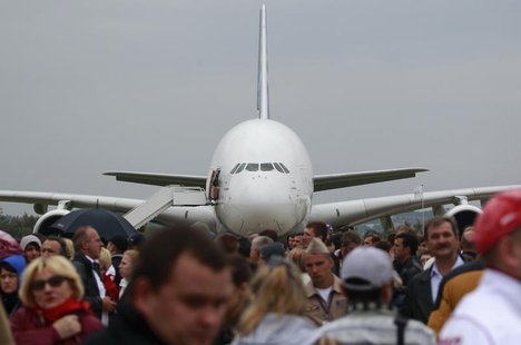 An Airbus A380 plane is seen on display at the MAKS International Aviation and Space Salon in Zhukovsky, outside Moscow August 31, 2013. REU An Airbus A380 plane is seen on display at the MAKS International Aviation and Space Salon in Zhukovsky, outside Moscow August 31, 2013. REU