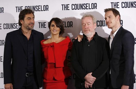 (L-R) Actors Javier Bardem and Penelope Cruz, Director Ridley Scott and actor Michael Fassbender pose for photographers at a photocall for t (L-R) Actors Javier Bardem and Penelope Cruz, Director Ridley Scott and actor Michael Fassbender pose for photographers at a photocall for t