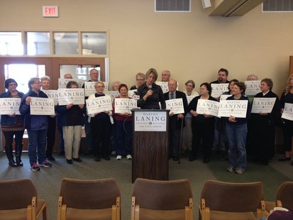 Supporters of Martha Laning surround the Plymouth woman as she announces her candidacy. Supporters of Martha Laning surround the Plymouth woman as she announces her candidacy.