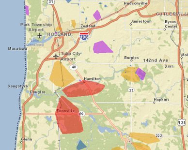 A snapshot of the Consumers Energy power outage map for the Holland area, taken at 8 AM on Oct. 24, 2013. (courtesy Consumers Energy) A snapshot of the Consumers Energy power outage map for the Holland area, taken at 8 AM on Oct. 24, 2013. (courtesy Consumers Energy)