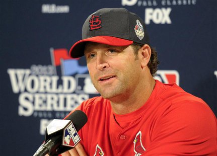 Oct 22, 2013; Boston, MA, USA; St. Louis Cardinals manager Mike Matheny (22) speaks to the media on the day before game one of the World Ser Oct 22, 2013; Boston, MA, USA; St. Louis Cardinals manager Mike Matheny (22) speaks to the media on the day before game one of the World Ser