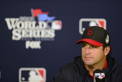 St. Louis Cardinals manager Mike Matheny (22) talks with the media during a press conference a day before game three of the World Series aga St. Louis Cardinals manager Mike Matheny (22) talks with the media during a press conference a day before game three of the World Series aga