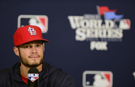 St. Louis Cardinals starting pitcher Joe Kelly (58) talks with the media during a press conference a day before game three of the World Seri St. Louis Cardinals starting pitcher Joe Kelly (58) talks with the media during a press conference a day before game three of the World Seri