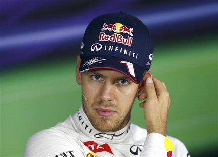 Red Bull Formula One driver Sebastian Vettel of Germany attends a news conference after the qualifying session of the Indian F1 Grand Prix a Red Bull Formula One driver Sebastian Vettel of Germany attends a news conference after the qualifying session of the Indian F1 Grand Prix a