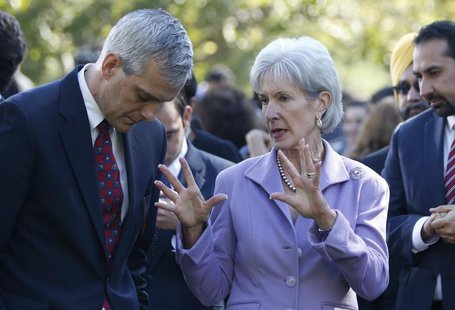 U.S. Health and Human Services Secretary Kathleen Sebelius talks with White House Chief of Staff Denis McDonough (L) during a healthcare eve U.S. Health and Human Services Secretary Kathleen Sebelius talks with White House Chief of Staff Denis McDonough (L) during a healthcare eve