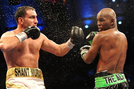 Oct 26, 2013; Atlantic City, NJ, USA; Bernard Hopkins (black/green trunks) and Karo Murat (white/gold trunks) box during their IBF Light Hea Oct 26, 2013; Atlantic City, NJ, USA; Bernard Hopkins (black/green trunks) and Karo Murat (white/gold trunks) box during their IBF Light Hea