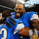 Detroit Lions wide receiver Calvin Johnson (81) celebrates with cornerback Chris Houston (23) after defeating the Dallas Cowboys 31-30 at Fo Detroit Lions wide receiver Calvin Johnson (81) celebrates with cornerback Chris Houston (23) after defeating the Dallas Cowboys 31-30 at Fo