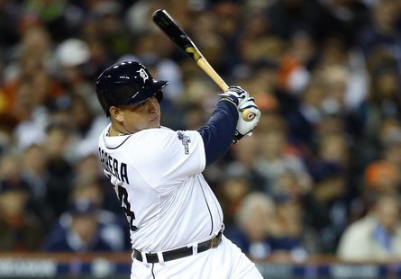 Detroit Tigers third baseman Miguel Cabrera (24) hits an RBI single against the Boston Red Sox during the fourth inning in game four of the Detroit Tigers third baseman Miguel Cabrera (24) hits an RBI single against the Boston Red Sox during the fourth inning in game four of the