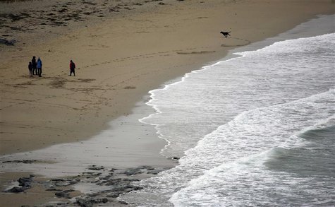 People with their dog walk on Towan Beach, in Cornwall, south west England October 27, 2013. REUTERS/John Voos People with their dog walk on Towan Beach, in Cornwall, south west England October 27, 2013. REUTERS/John Voos