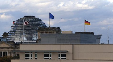 The U.S. embassy is pictured next to the Reichstag building, seat of the German lower house of parliament Bundestag, in Berlin October 28, 2 The U.S. embassy is pictured next to the Reichstag building, seat of the German lower house of parliament Bundestag, in Berlin October 28, 2