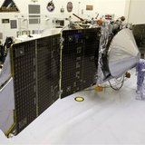 Technicians work on NASA's next Mars-bound spacecraft, the Mars Atmosphere and Volatile Evolution (MAVEN) spacecraft, as it is displayed for Technicians work on NASA's next Mars-bound spacecraft, the Mars Atmosphere and Volatile Evolution (MAVEN) spacecraft, as it is displayed for