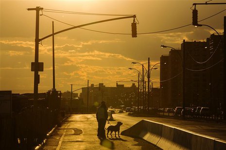 In this picture taken October 24, 2013 two men walk their dog down Shore Front Parkway in an area that was photographed almost a year ago bu In this picture taken October 24, 2013 two men walk their dog down Shore Front Parkway in an area that was photographed almost a year ago bu