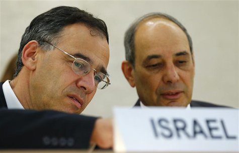 Shai Nitzan (L) Deputy Attorney General Ministry of Justice of Israel waits with Eviatar Manor, Israel Ambassador to the U.N. before the Hum Shai Nitzan (L) Deputy Attorney General Ministry of Justice of Israel waits with Eviatar Manor, Israel Ambassador to the U.N. before the Hum