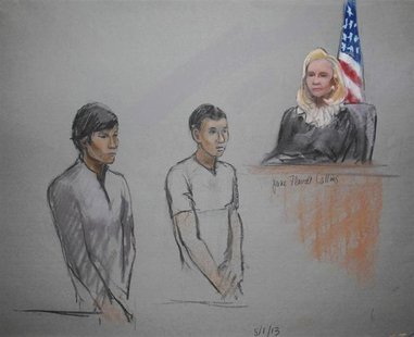Defendants Dias Kadyrbayev (L) and Azamat Tazhayakov are pictured in a courtroom sketch, appearing in front of Federal Magistrate Marianne B Defendants Dias Kadyrbayev (L) and Azamat Tazhayakov are pictured in a courtroom sketch, appearing in front of Federal Magistrate Marianne B