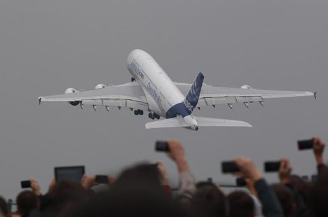 An Airbus A380 plane takes off during a demonstration flight at the MAKS International Aviation and Space Salon in Zhukovsky, outside Moscow An Airbus A380 plane takes off during a demonstration flight at the MAKS International Aviation and Space Salon in Zhukovsky, outside Moscow