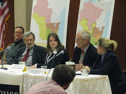Common Cause Wisconsin panel 10/28/13 in Stevens Point. L-to-R: Jay Heck of Common Cause Wisconsin, former 7th District Congressman David Obey, State Representative Katrina Shankland, former Governor Dreyfus staffer Bill Kraus, State Senator Julie Lassa Common Cause Wisconsin panel 10/28/13 in Stevens Point. L-to-R: Jay Heck of Common Cause Wisconsin, former 7th District Congressman David Obey, State Representative Katrina Shankland, former Governor Dreyfus staffer Bill Kraus, State Senator Julie Lassa