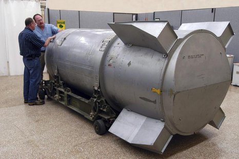 Workers examine a B53 nuclear bomb at the B&W Pantex nuclear weapons storage facility outside Amarillo, Texas, in this handout photograph ta Workers examine a B53 nuclear bomb at the B&W Pantex nuclear weapons storage facility outside Amarillo, Texas, in this handout photograph ta
