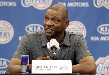 Doc Rivers, 51, the Los Angeles Clippers' new head coach and senior vice president of basketball operations, speaks at a news conference at Doc Rivers, 51, the Los Angeles Clippers' new head coach and senior vice president of basketball operations, speaks at a news conference at