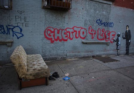 An installation by British graffiti artist Banksy is pictured in the Bronx section of New York October 21, 2013. REUTERS/Eric Thayer An installation by British graffiti artist Banksy is pictured in the Bronx section of New York October 21, 2013. REUTERS/Eric Thayer