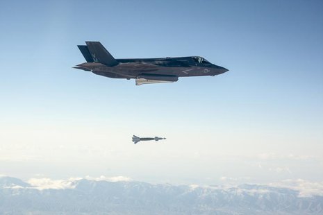 A U.S. Marine Corps F-35B short take-off and vertical landing (STOVL) fighter jet drops a laser-guided bomb during its first guided weapons A U.S. Marine Corps F-35B short take-off and vertical landing (STOVL) fighter jet drops a laser-guided bomb during its first guided weapons