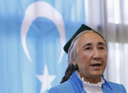 Uighur leader Rebiya Kadeer delivers a speech in front of a East Turkestan flag at the fourth General Assembly of the World Uighur Congress Uighur leader Rebiya Kadeer delivers a speech in front of a East Turkestan flag at the fourth General Assembly of the World Uighur Congress