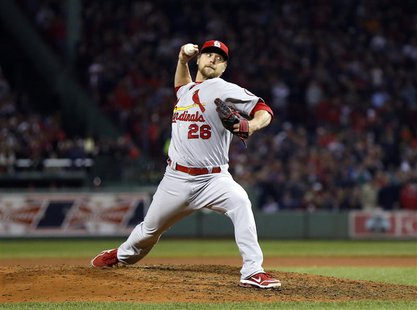 Oct 30, 2013; Boston, MA, USA; St. Louis Cardinals relief pitcher Trevor Rosenthal (26) throws against the Boston Red Sox during the eighth Oct 30, 2013; Boston, MA, USA; St. Louis Cardinals relief pitcher Trevor Rosenthal (26) throws against the Boston Red Sox during the eighth
