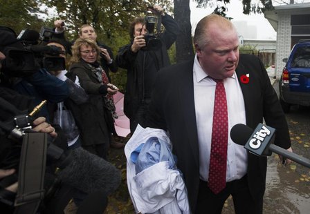Toronto Mayor Rob Ford yells at reporters and photographers to get off of his property in front of his house in Toronto October 31, 2013. RE Toronto Mayor Rob Ford yells at reporters and photographers to get off of his property in front of his house in Toronto October 31, 2013. RE