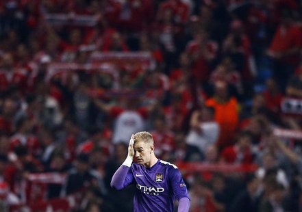 Manchester City's Joe Hart reacts during their Champions League soccer match against Bayern Munich at the Etihad Stadium in Manchester, nort Manchester City's Joe Hart reacts during their Champions League soccer match against Bayern Munich at the Etihad Stadium in Manchester, nort