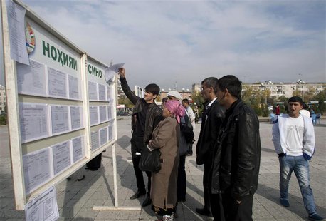 People stand in front of an information board with job vacancies in Dushanbe November 1, 2013. Tajikistan's President Imomali Rakhmon is exp People stand in front of an information board with job vacancies in Dushanbe November 1, 2013. Tajikistan's President Imomali Rakhmon is exp