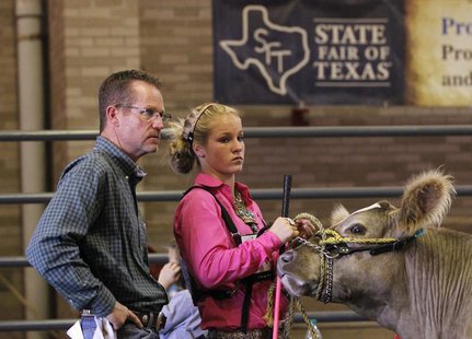 Stanley Kelley (L) and his daughter Kaley Kelley, both of College Station, Texas wait in a staging area prior to showing her Charolais steer Stanley Kelley (L) and his daughter Kaley Kelley, both of College Station, Texas wait in a staging area prior to showing her Charolais steer