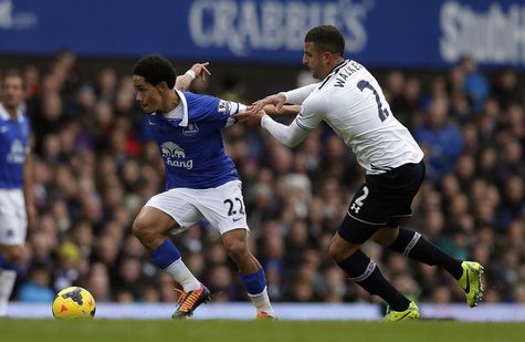 Everton's Steven Pienaar (L) challenges Tottenham Hotspur's Kyle Walker during their English Premier League soccer match at Goodison Park in Everton's Steven Pienaar (L) challenges Tottenham Hotspur's Kyle Walker during their English Premier League soccer match at Goodison Park in