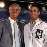 Detroit Tigers General Manager Dave Dombrowski (L ) and newly named Tigers manager Brad Ausmus pose together during a press conference where Detroit Tigers General Manager Dave Dombrowski (L ) and newly named Tigers manager Brad Ausmus pose together during a press conference where