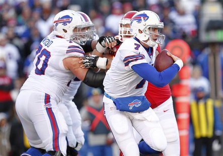 Nov 3, 2013; Orchard Park, NY, USA; Buffalo Bills quarterback Jeff Tuel (7) is chased from the pocket by the Kansas City Chiefs defense duri Nov 3, 2013; Orchard Park, NY, USA; Buffalo Bills quarterback Jeff Tuel (7) is chased from the pocket by the Kansas City Chiefs defense duri