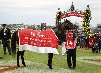 Green Moon is led around the yard after winning the Melbourne Cup at the Flemington race course in Melbourne November 6, 2012. REUTERS/Brand Green Moon is led around the yard after winning the Melbourne Cup at the Flemington race course in Melbourne November 6, 2012. REUTERS/Brand