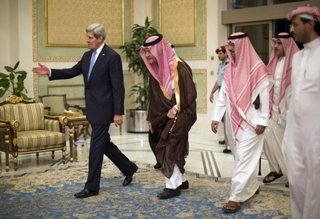 U.S. Secretary of State John Kerry is greeted by Saudi Foreign Minister Prince Saud Al-Faisal bin Abdulaziz al-Saud (C), as Kerry arrives in U.S. Secretary of State John Kerry is greeted by Saudi Foreign Minister Prince Saud Al-Faisal bin Abdulaziz al-Saud (C), as Kerry arrives in