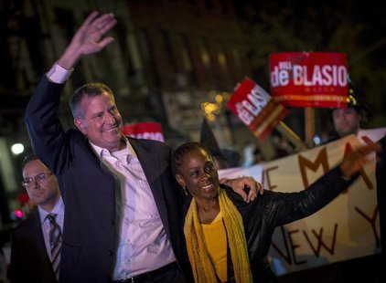 Democratic New York City mayoral candidate Bill de Blasio and his wife Chirlane McCray greet spectators during the Park Slope Halloween Para Democratic New York City mayoral candidate Bill de Blasio and his wife Chirlane McCray greet spectators during the Park Slope Halloween Para