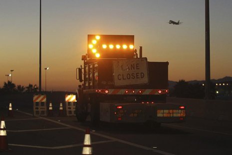 The offramp to Sepulveda Boulevard from the 105 freeway is blocked as all exit ramps to Los Angeles International Airport are closed, causin The offramp to Sepulveda Boulevard from the 105 freeway is blocked as all exit ramps to Los Angeles International Airport are closed, causin