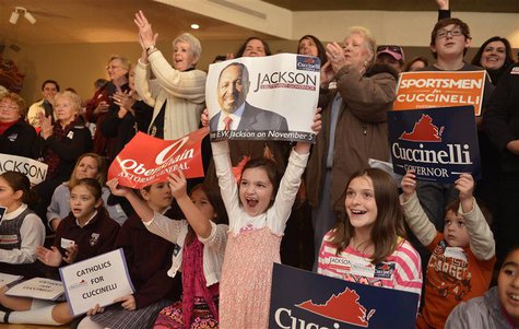 Supporters of Virginia gubernatorial Republican candidate Ken Cuccinelli, Lieutenant Governor candidate EW Jackson and Attorney General cand Supporters of Virginia gubernatorial Republican candidate Ken Cuccinelli, Lieutenant Governor candidate EW Jackson and Attorney General cand